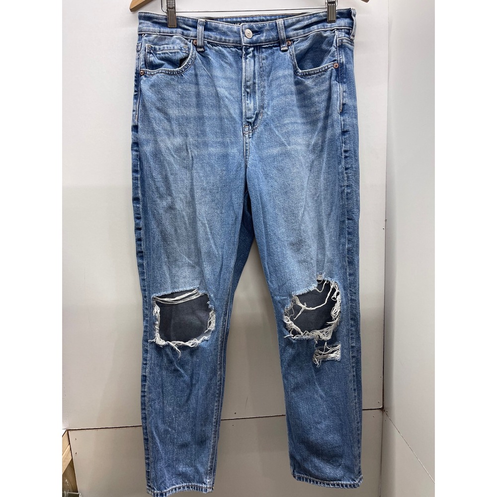 American Eagle Mom Jeans Womens 12 Short Distressed Blue High Rise Denim